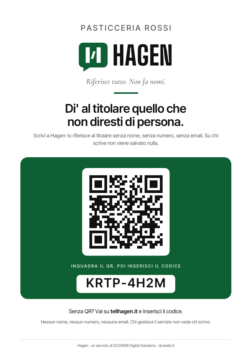 Locandina A5 di esempio: nome dell'azienda, marchio Hagen, QR da inquadrare e codice di accesso